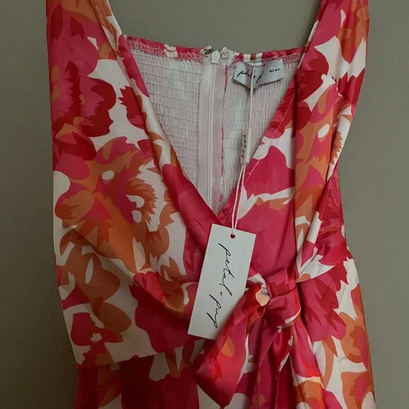 Petal and Pup Addison Jumpsuit XS Pink Coral Floral Smocked Wrap Tie Waist - Picture 5 of 7
